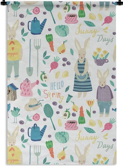 Wandkleed - Wanddoek - Patronen - Konijn - Lente - Tuin - 60x90 cm - Wandtapijt