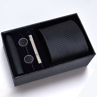 Zijde Stropdas Set - Stropdas met Pochet, Manchetknopen en Dasspeld - 100% Zijde Tie Set - Zwarte Lijnen