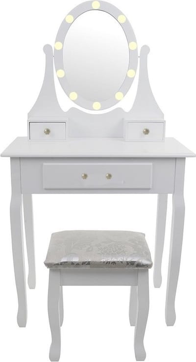 Kaptafel met Spiegel, LED Verlichting en Krukje - 80x40x137 cm - Wit