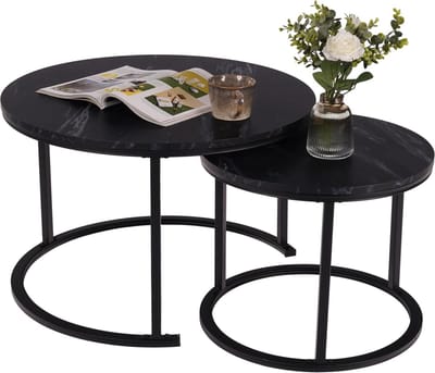 Goodivery ® Set van 2 Ronde Houten Salontafels met Zwart Metalen Frame voor Woonkamer en Kantoor
