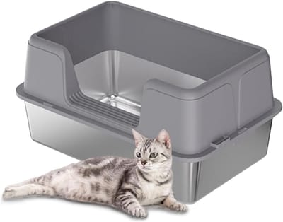 Kattentoilet, roestvrij staal, extra grote kattenbak met hoge zijwanden, afneembaar, gemakkelijk te reinigen met deksel, kattenbak voor katten, 60 x 40 x 31,5 cm, grijs