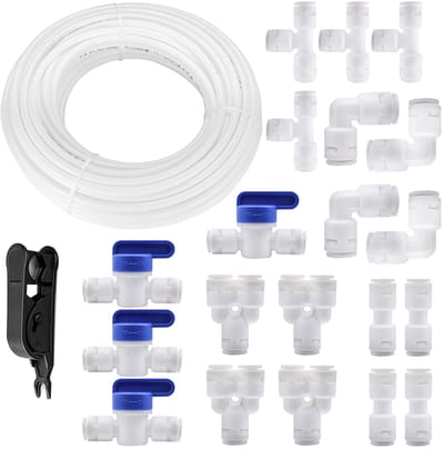 watertoevoerleiding, universele aansluitset, 20 m, koelkastslang, 20 stuks RO waterfilterfitting, slangconnector, voor 1/4 inch slang, waterslang (Y+T+I+L type combo + afsluitventiel)