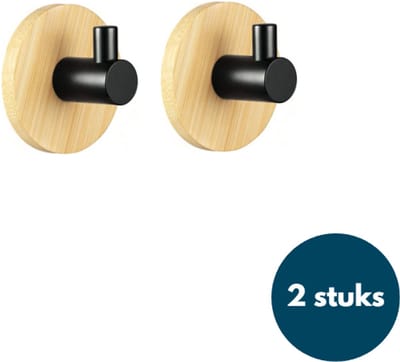 Kapstok haken hout - Bamboe hout zwart- Wandhaken - Wandkapstok - Zelfklevende haakjes - Plakhaakjes - Rond - 2 stuks