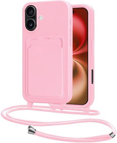 Hoes Geschikt voor iPhone 16 Plus Hoesje Pasjeshouder Cover Met Koord Case Siliconen Hoes Met Telefoonkoord en Kaarthouder - Lichtroze