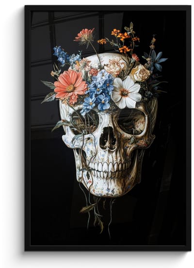 Poster in lijst - Fotolijst 60x90 cm - Posters - Bloemen - Schedel - Kleurrijk - Posterlijst zwart - Decoratie - Wanddecoratie woonkamer - Muurdecoratie slaapkamer