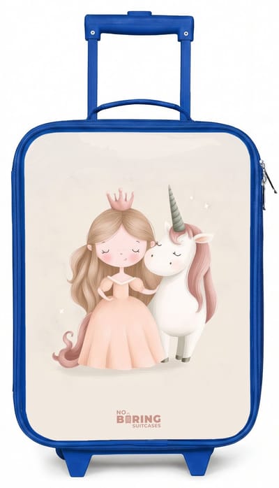 NoBoringSuitcases.com® - Kinderkoffer blauw - Kindertrolley jongen - Prinses en een eenhoorn in pastel kleuren - Koffer kind lichtgewicht - Reiskoffer trolley voor kinderen - Koffertje met lichtgevende wieltjes - Rolkoffer