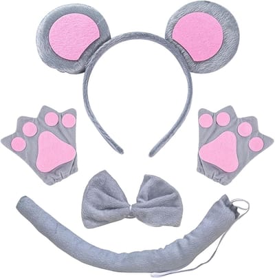 4-delige Dieren Kostuum Set voor Kinderen, Muizenoortjes Hoofdband, Staart, Strik en Handschoenen voor Verkleedfeest, Verjaardag, Carnaval en Cosplay