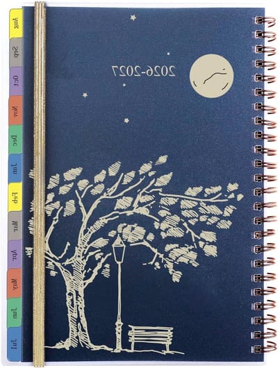 Weekplanner 2026/2027 A5 met gekleurde tabs, notities, contactgegevens en binnenvak, spiral binding, schoolagenda met 1 week op 2 pagina's, perfect voor organisatie en planning