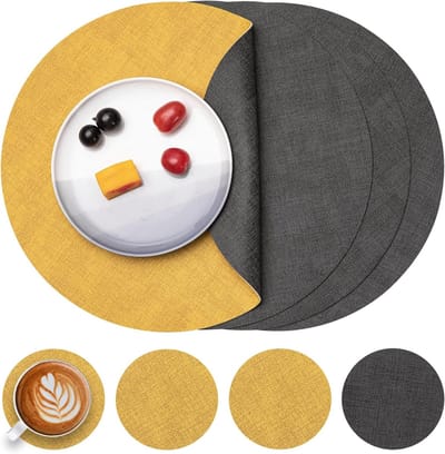 Set van 4 ronde leren placemats en onderzetters, waterdicht, dubbelzijdig, hittebestendig, antislip, wasbaar, grijs