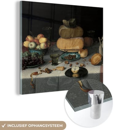 MuchoWow® Glasschilderij 50x50 cm - Schilderij acrylglas - Stilleven met kazen - Schilderij van Floris Claesz. van Dijck - Foto op glas - Schilderijen