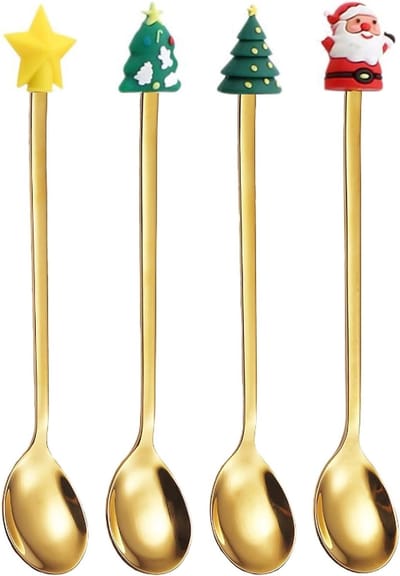 Set van 4 RVS Kerstlepels voor Koffie en Desserts - Luxe Tafelgerei voor Feestdagen