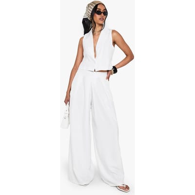 boohoo Dames Linnen-look geplooide broek met wijde pijpen en op maat gesneden pasvorm | Wit | Maat: 40