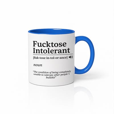 Blauw-Witte Mok – “Fucktose Intolerant” Woordenboek-Design – Grappige Sarcastische Koffiebeker voor Werk, Thuis & Attitude Fans – 330ml Keramische Mok