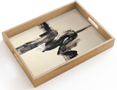Dienblad hout 40x30 cm - Schootdienblad - Golven - Penseelstreken - Beige - Minimalistisch - Borrelplank rechthoek - Plateau dienbladen
