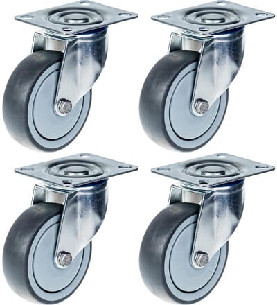 100 mm (4") zwenkwiel met grijze rubberen band, zeer stevig, draagvermogen 440 kg, set van 4