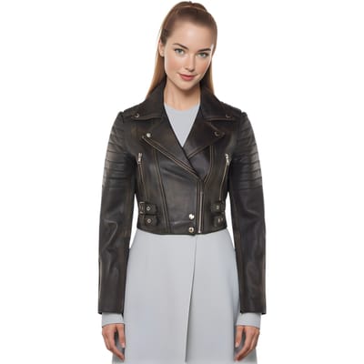 Vintage zwarte cropped Brando leren bikerjack voor dames - Bellville