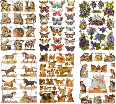 Poëzieplaatjes - 6 vellen - Plaatjes - Katten - Vlinders - Bloemen - Paarden - Honden - Poezen -Poëziealbum - hobby - creatief - bulletjournaal - vriendenboek - dagboek - decoupage - knutselen - scrapbook