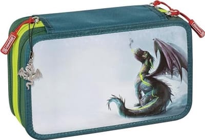 Gevuld Etui - Schooltas Organizer - Lesmateriaal Opbergen - 3 Ritsvakken - 21 x 15 x 25 cm - Blauw Drakenpatroon