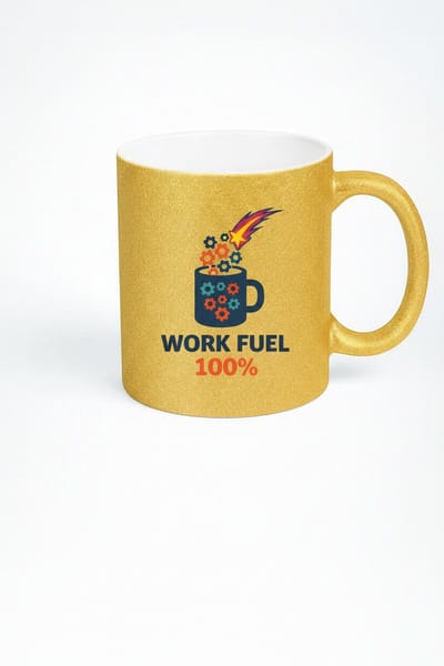 “Work Fuel 100%” 330ml Gouden Glitter Koffiemok – Motiverende Werk Mok – Perfect Cadeau voor Collega’s & Koffieliefhebbers