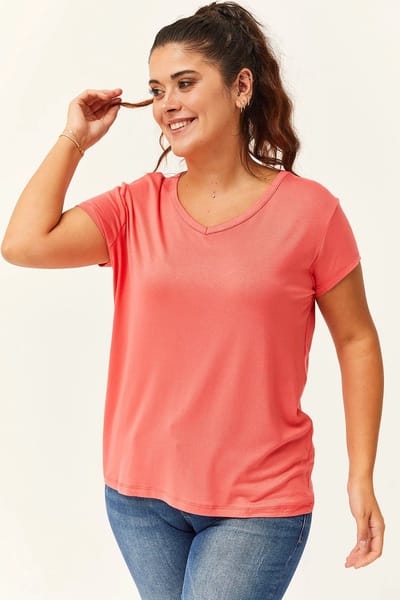 Dames Large T-Shirt - V-Hals Basic Kortemouw, Koraal Maat L