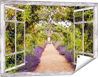 Gards Tuinposter Doorkijk Lavendel Pad - 90x60 cm - Tuindoek - Tuindecoratie - Wanddecoratie buiten - Tuinschilderij