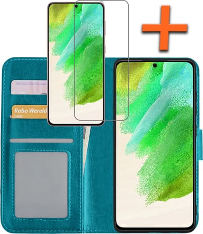 Hoes - Met Screenprotector - Geschikt voor Samsung Galaxy S21 FE - Luxe Pasjeshouder - Bookcase Portemonee - Flip Case - Kunstleer Book Case - Flipcase - Book Cover - Walletcase - PortemonneeHoes - Turquoise