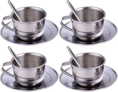 Kindertheeservies - Speelgoed Keukenset - Rollenspel - Hittebestendig Roestvrij Staal - 4 Kopjes 70ml - Zilver