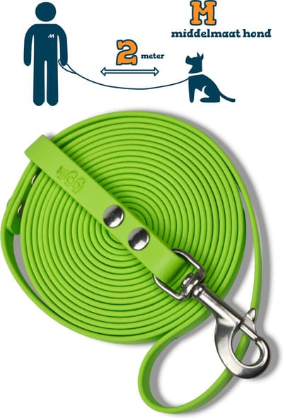 Miqdi hondenriem - BioThane® – lichtgroen – 2 meter lang – 13mm breed – M – middelmaat hond