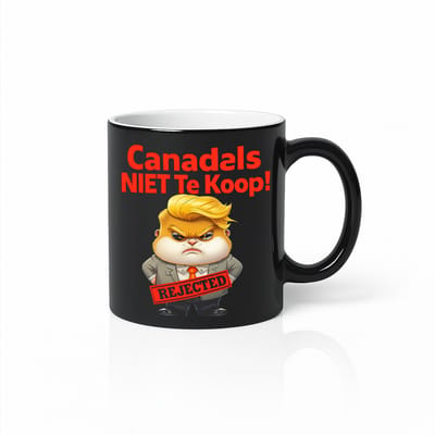 Zwarte Magic Mok – “Canadals NIET Te Koop!” – Grappige Politieke Cartoon met Rejected Stempel – Humoristische 330ml Keramische Beker