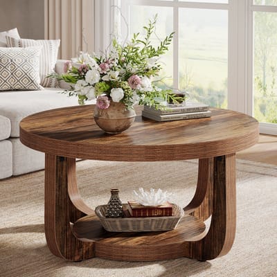 Tribesigns - Ronde Salontafel - 80 x 80 x 45 cm - 2-Laags Salontafel met Opbergplank - Bijzettafel Bruin - Tafel - Sidetable voor Woonkamer, Thuiskantoor