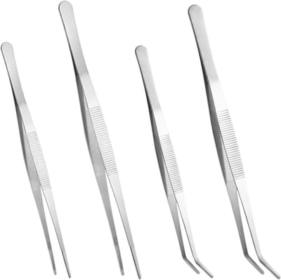 Set van 4 RVS Pincetten - Gebogen, Rechte en Botte Pincet met Precisietip en Antislip Ontwerp voor Tuinieren, Koken en Laboratoriumgebruik