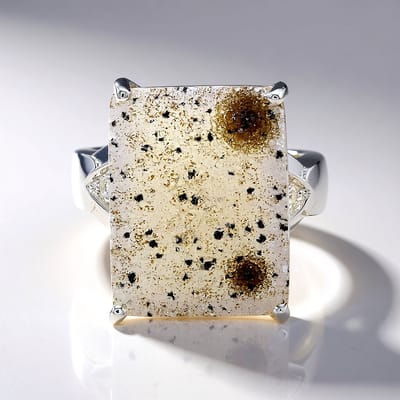 Cavill - 925 Sterling Zilver Ring met 13,88 ct Braziliaanse Glitter Agaat en 0,05 ct Witte Topaas - Elegant Antiek Cabochon - Maat 17