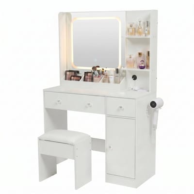 Make Up Tafel – Kaptafel met Spiegel en Verlichting – Inclusief Kruk – Kast met Deur & Föhnhouder – 2 Stopcontacten & 2 USB-poorten – 3 Lichtkleuren Dimbaar met Touch – 141 x 87,5 x 40 cm – Wit – Monza Home
