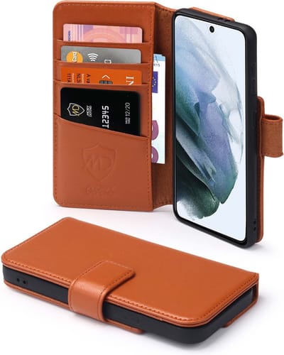 MobyDefend Hoesje - Geschikt voor Samsung Galaxy S21 FE - Luxe Leren Wallet Bookcase - Lichtbruin