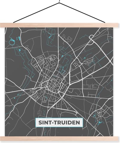 Posterhanger incl. Poster 40x40 cm - Schoolplaat - Plattegrond – Sint Truiden – Blauw – Stadskaart - Kaart - Textielposter - Blanke latten - Stadskaart