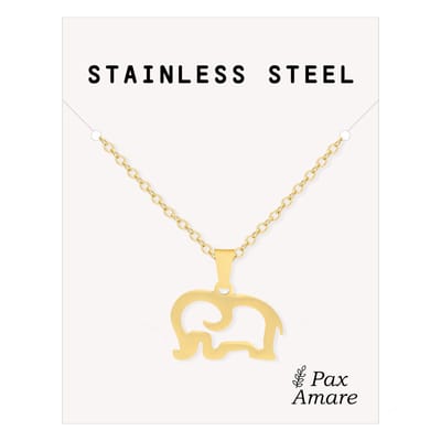Cadeau Ketting met Olifant - Roestvrij Staal - Goudkleurig - Cadeau Sieraad op Kaartje - Pax Amare