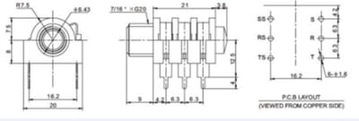 6.35MM Stereo Jack chassisdeel Socket Jack PCB Pins