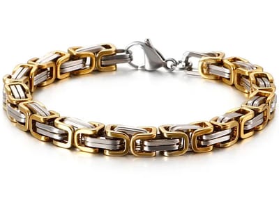 Koningsarmband Heren - Zilver / Goud kleurig - 5mm - Byzantijnse stijl - Dubbele Schakels - Staal - Armband Schakelarmband - Armbanden - Papa Cadeau Voor Mannen - Vaderdag