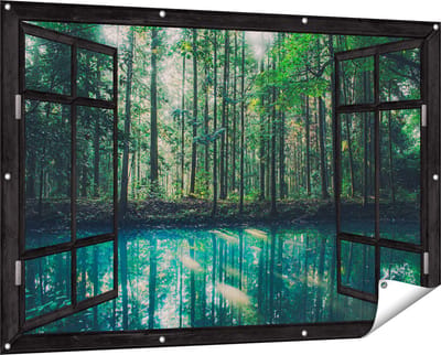 Gards Tuinposter Doorkijk Bos bij een Groen Meer - 150x100 cm - Tuindoek - Tuindecoratie - Wanddecoratie buiten - Tuinschilderij