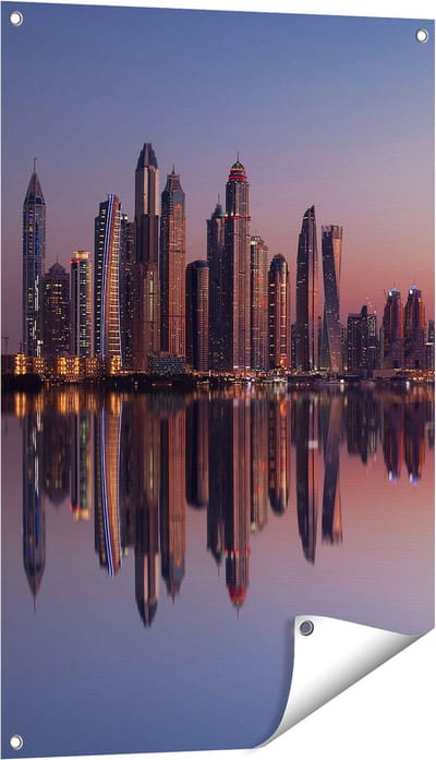 Gards Tuinposter Skyline Dubai Stad bij Zonsondergang - 60x90 cm - Tuindoek - Tuindecoratie - Wanddecoratie buiten - Tuinschilderij