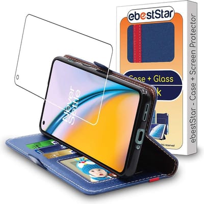 ebestStar - Hoes geschikt voor OnePlus Nord 2 5G, Wallet Etui, Book case hoesje, Donkerblauw, Rood + Gehard Glas