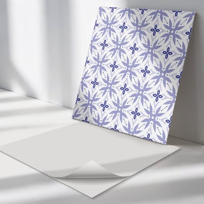 Wallfluent Vinyl Tegels - Geometrisch Patroon met Bloemen Zelfklevende Vinyl Tegels - 30 cm x 30 cm - Blauw Vinyl Tegels - 9 stuks - Vierkant PVC Tegels - Patroon Plaktegels - Vinyl Wandtegels - Plaktegels Keuken en Badkamer
