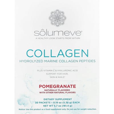 Solumeve, avec des peptides de collagène, de la vitamine C et de l'acide hyaluronique, saveur grenade, 30 sachets, 5,38 g (0,19 once) chaque