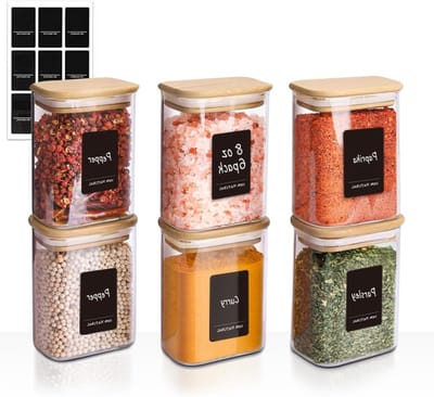 Set van 6 glazen specerijpotjes van 220 ml met bamboedeksel, ideaal voor kruidenopslag en keukenorganisatie