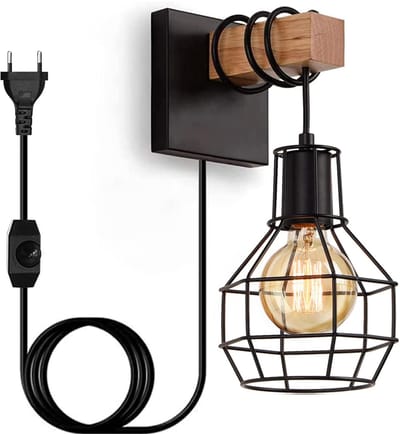 Unyqoos® Vintage Industriële Wandlamp met Dimbare Schakelaar voor Binnengebruik, Zwart en Hout, E27 Fitting
