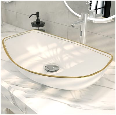 Dailygoods- Wastafel Luxe Design - Ovale Keramische Vat - Gouden Rand - Buitenafmetingen 56,5 x 40 x 15,5 cm - Standaard Afvoeropening 4,5 cm - Eenvoudige Installatie - Gootsteen