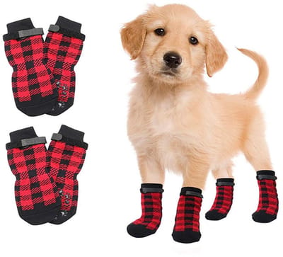 Aventrix Hondensokken Antislip – Maat M – Honden Sokken tegen Uitglijden en Likkende Poten – Klittenband – Pootbescherming Binnen & Buiten – Set van 4 - zwart/rood