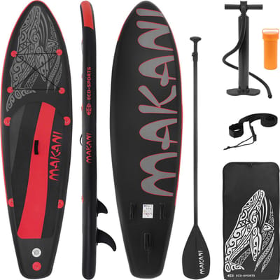 ECD Germany Makani opblaasbaar stand up paddle board SUP 320x80x15 cm zwart/rood PVC-materiaal draagvermogen tot 120 kg met pomp draagtas en accessoires geschikt voor SUP- en surfplankmodellen ideaal voor wateractiviteiten en recreatief gebruik