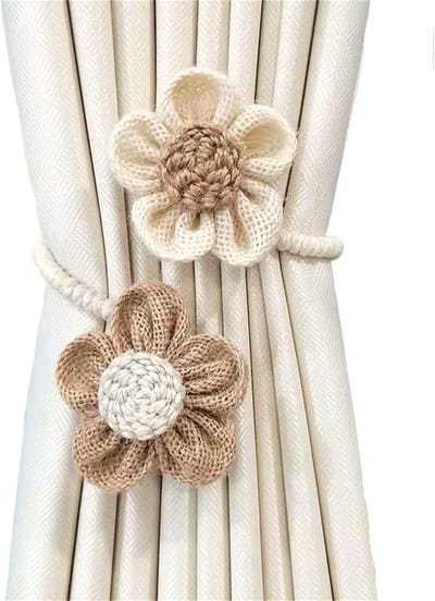 Set van 6 Handgemaakte Bloemige Gordijnhouders, Elastische Boho Gordijnaccessoires voor Thuis en Kantoor, Beige en Khaki