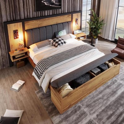 BLACKCOLORS Bed 160×200 cm dubbel gestoffeerd Bedset met leeslamp, nachtkastje, USB C, opbergbank linnen Eiken